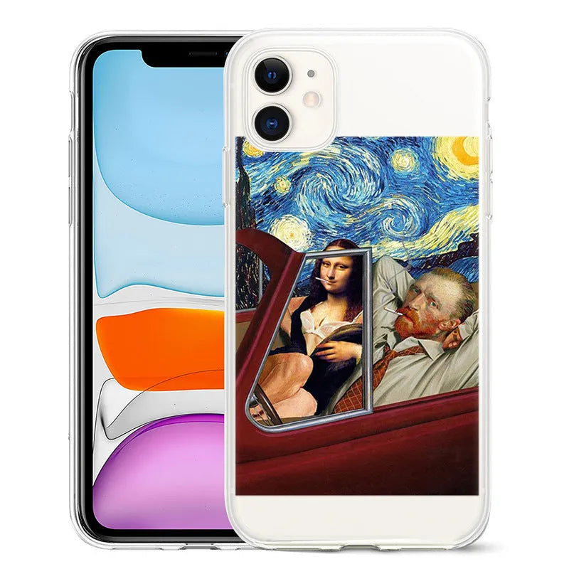 Van Gogh art style mobile phone case for iPhone on a plain background, showing starry night painting design.