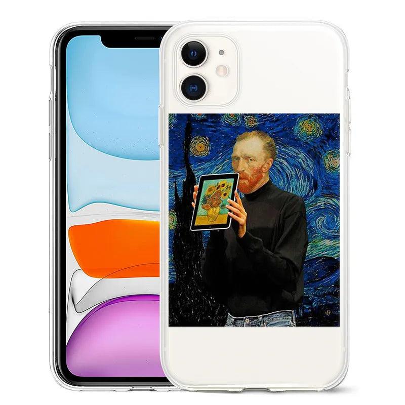 Van Gogh art style mobile phone case for iPhone on a plain background, showing starry night painting design.