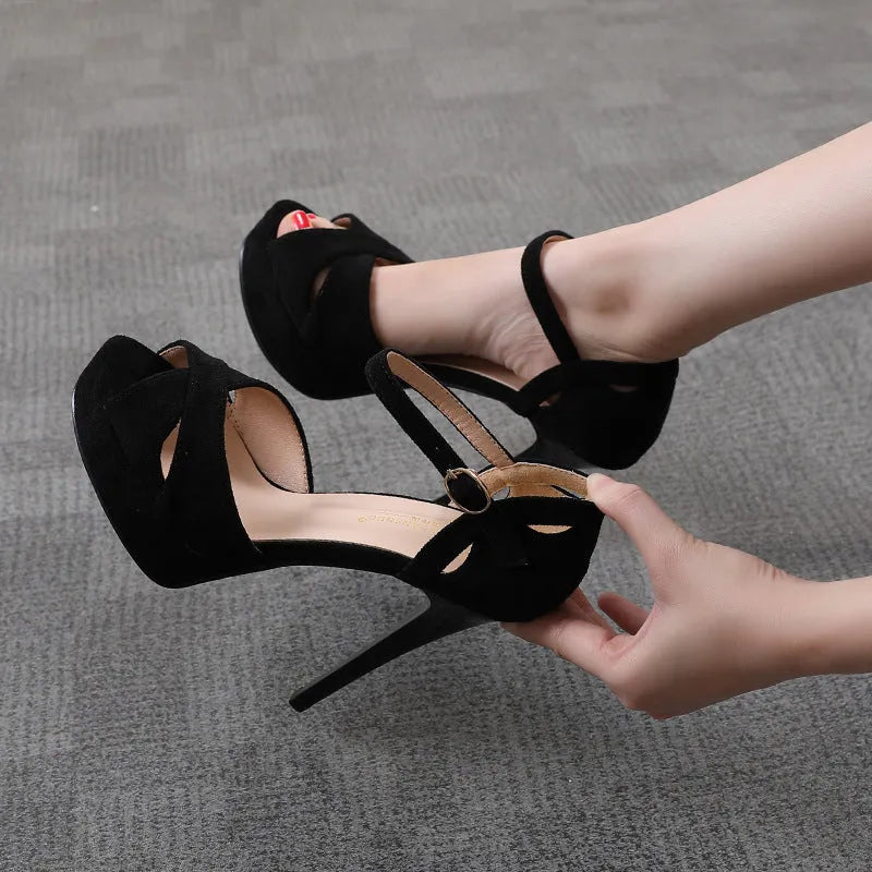 Black Roman style stiletto platform sandals with fish mouth toe design and waterproof sole