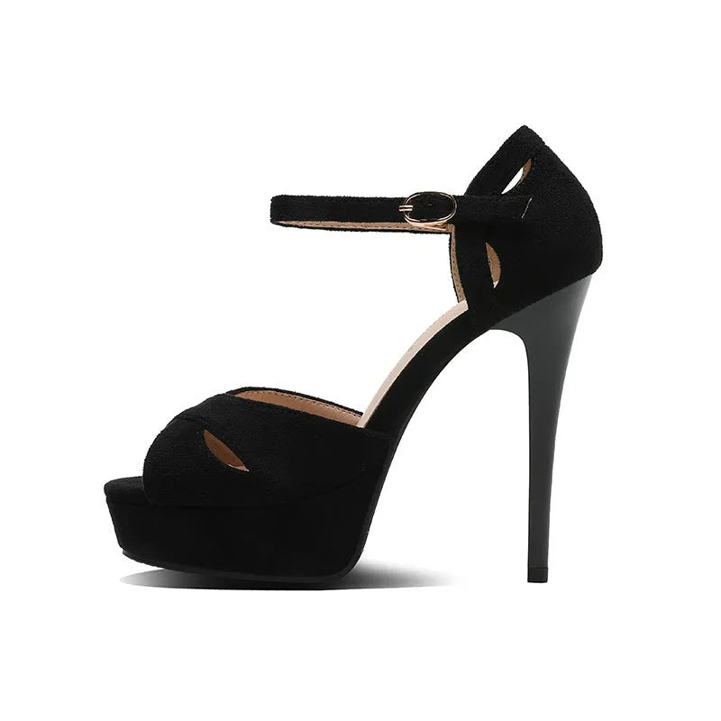 Black Roman style stiletto platform sandals with fish mouth toe design and waterproof sole