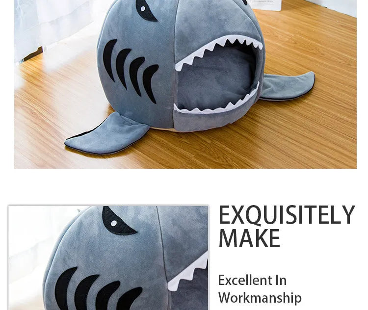 Grey shark-shaped pet bed for small dogs and cats with velvet fabric