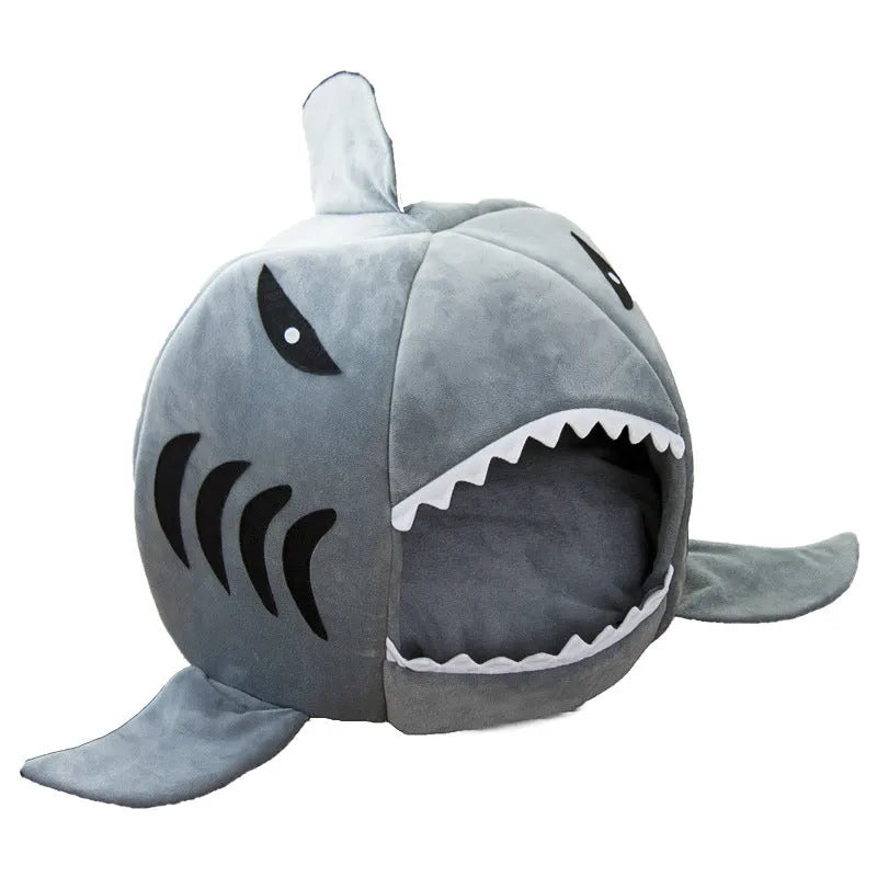 Grey shark-shaped pet bed for small dogs and cats with velvet fabric