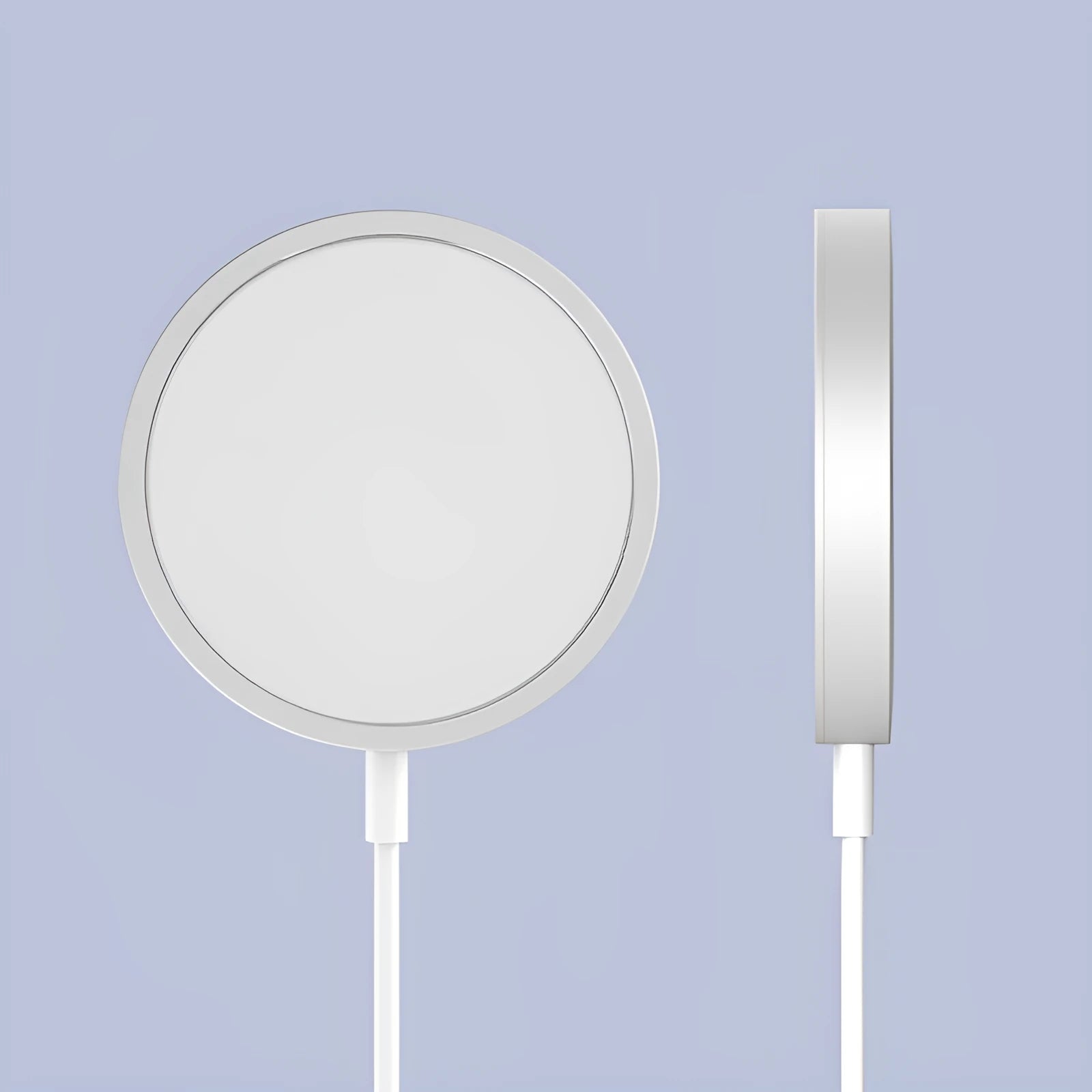 Silver metal MagSafe wireless charger with strong magnets for iPhone 12 and 13 models.