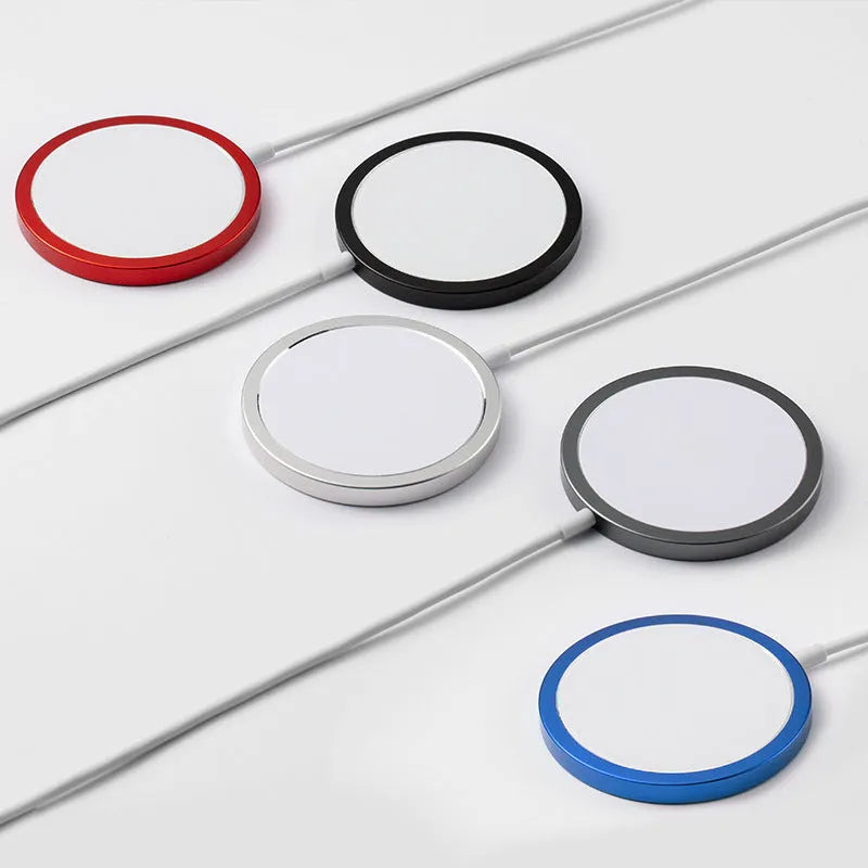 Silver metal MagSafe wireless charger with strong magnets for iPhone 12 and 13 models.