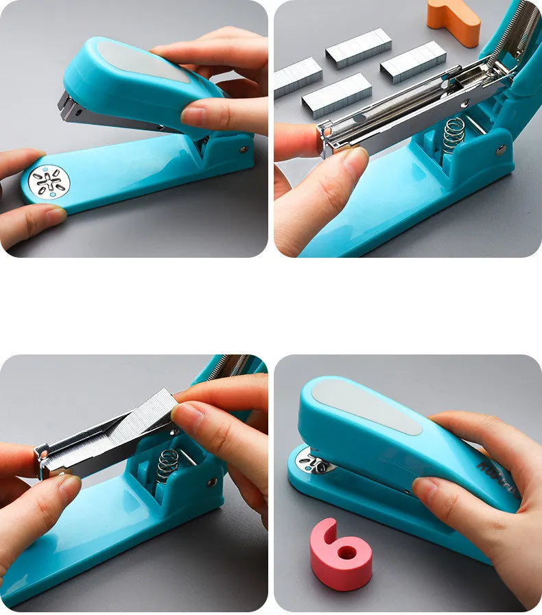360-degree rotatable desktop stapler in dark blue, shown binding sheets of A4 paper.