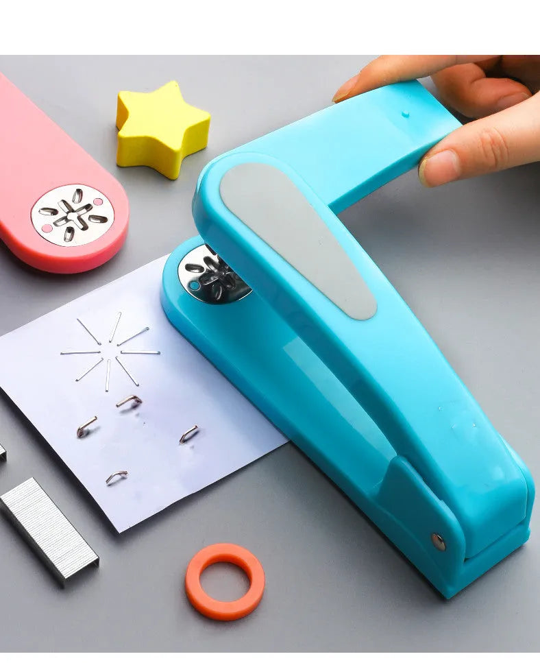 360-degree rotatable desktop stapler in dark blue, shown binding sheets of A4 paper.