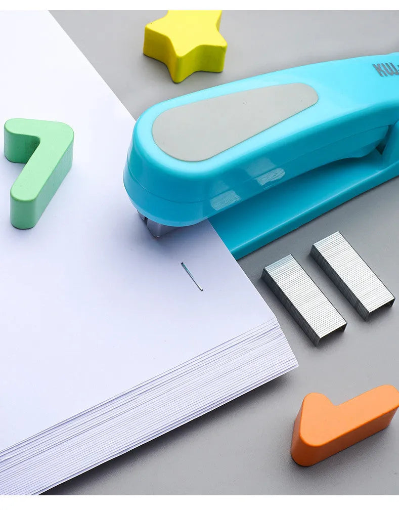 360-degree rotatable desktop stapler in dark blue, shown binding sheets of A4 paper.