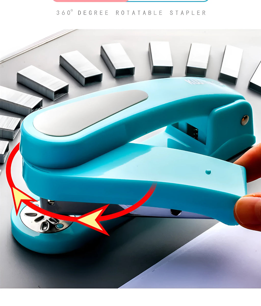 360-degree rotatable desktop stapler in dark blue, shown binding sheets of A4 paper.