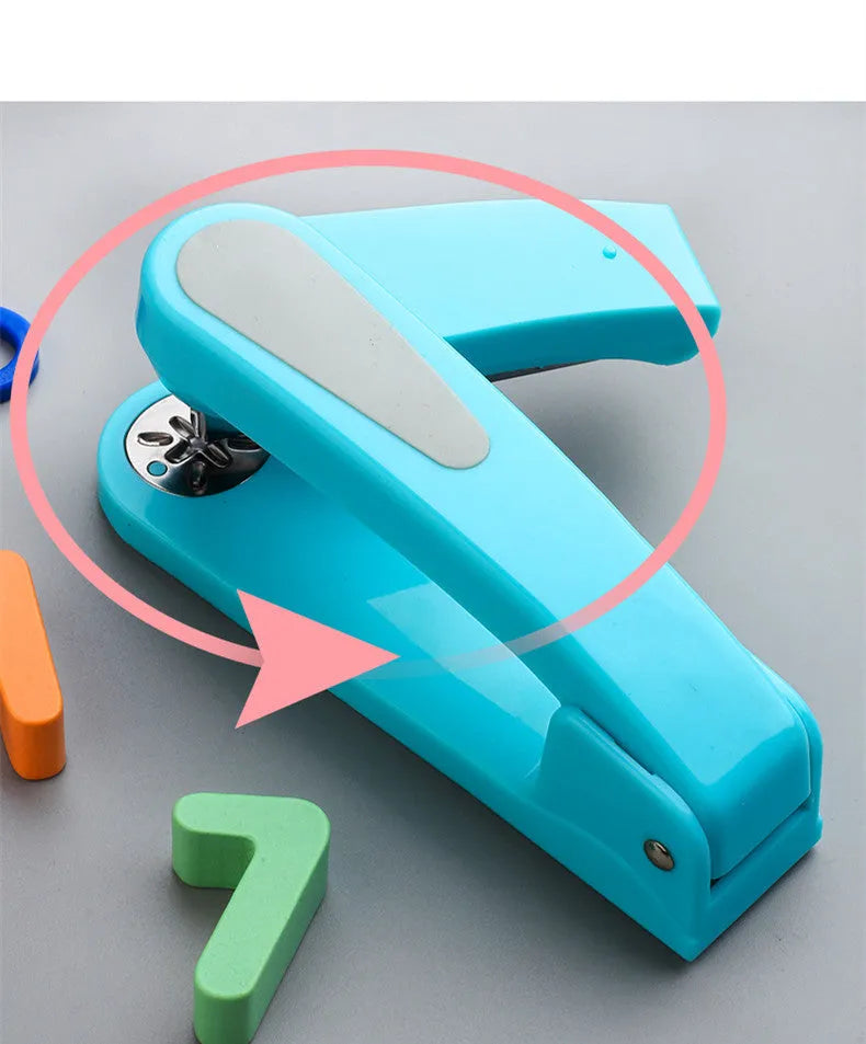 360-degree rotatable desktop stapler in dark blue, shown binding sheets of A4 paper.