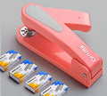 360-degree rotatable desktop stapler in dark blue, shown binding sheets of A4 paper.