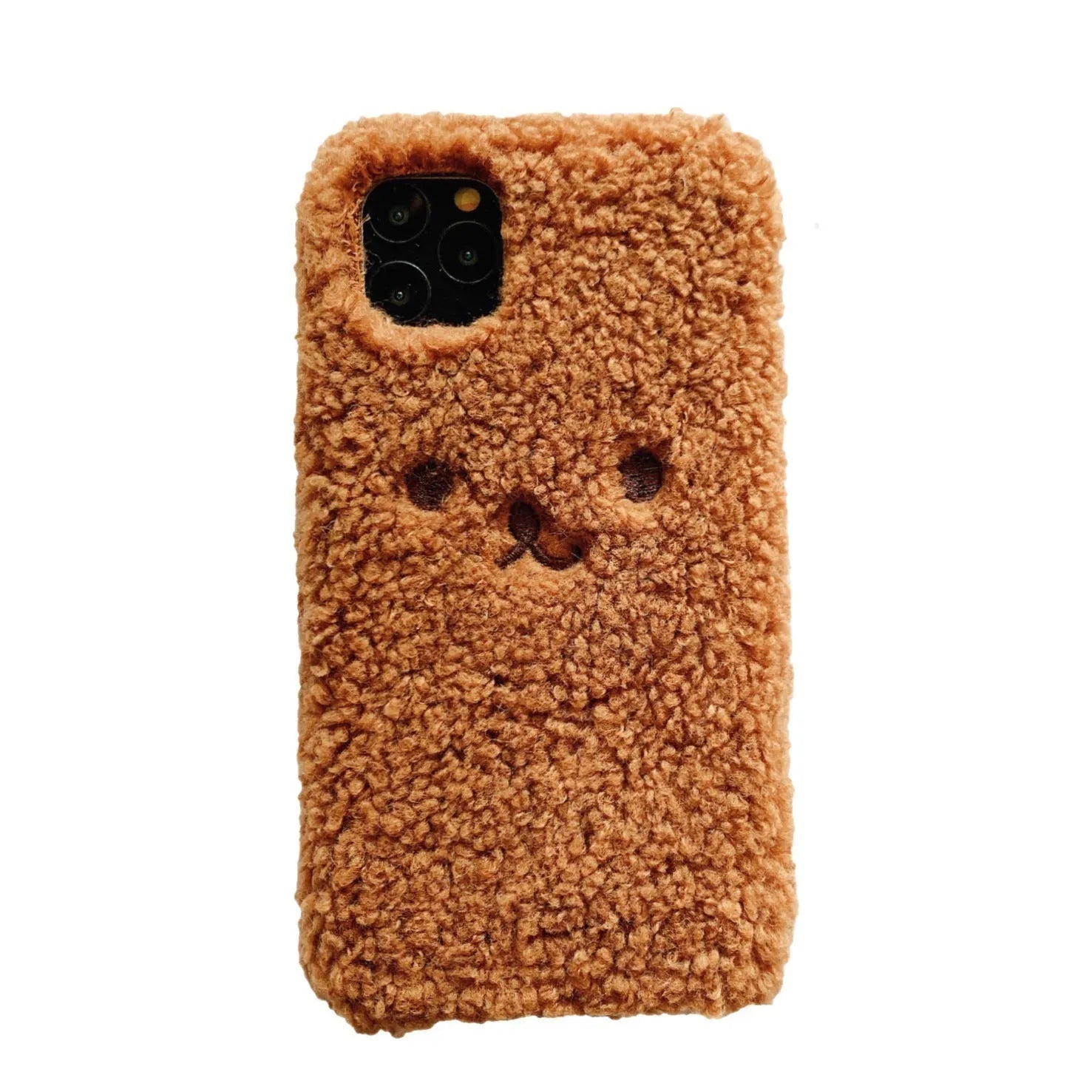 Embroidery plush bear face design on a flexible brown TPU phone case for iPhone