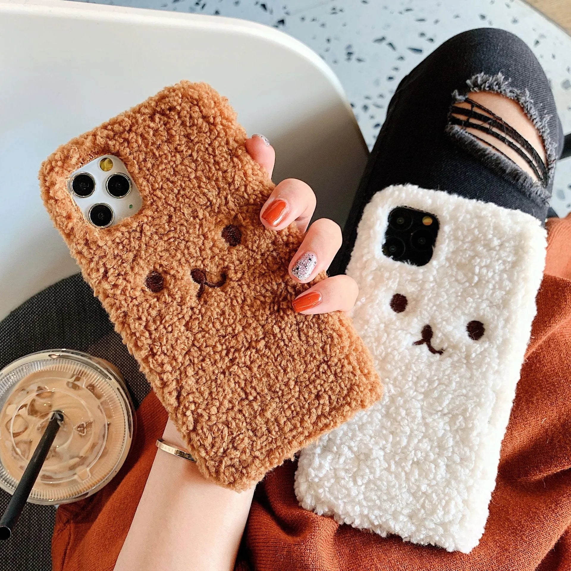 Embroidery plush bear face design on a flexible brown TPU phone case for iPhone
