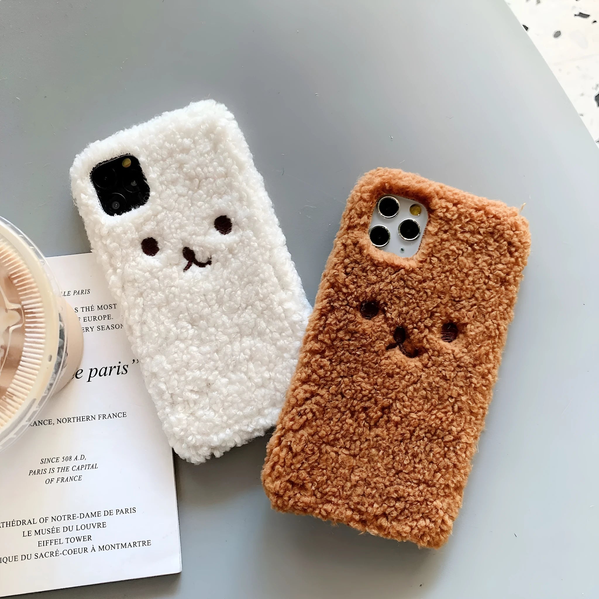 Embroidery plush bear face design on a flexible brown TPU phone case for iPhone