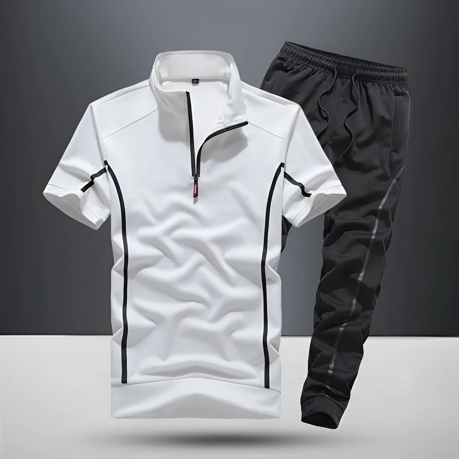 Men's summer sportswear two-piece set with quarter-sleeve top and capri trousers in black suit