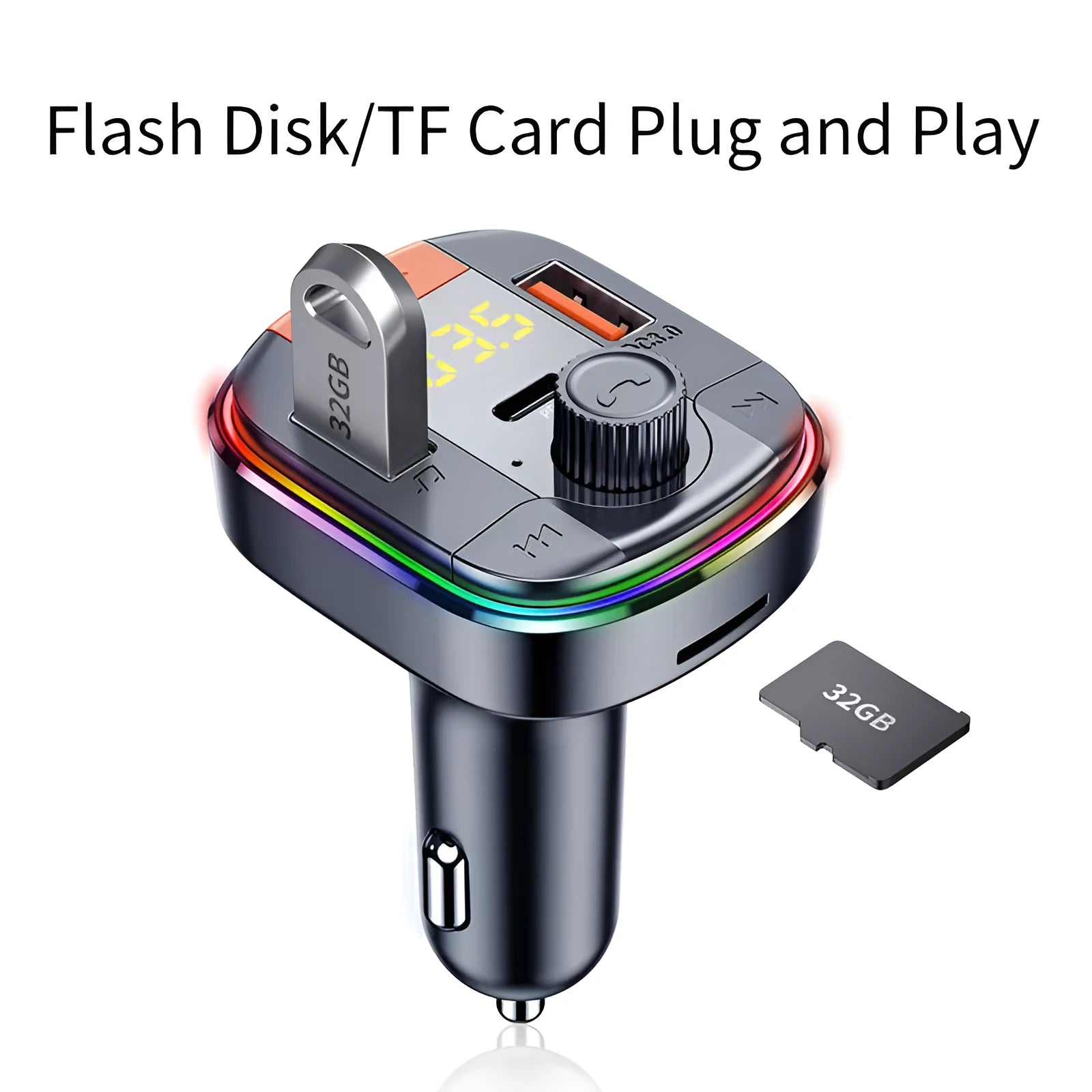 Black car Bluetooth MP3 player and fast charger with colourful LED light for cigarette lighter socket.