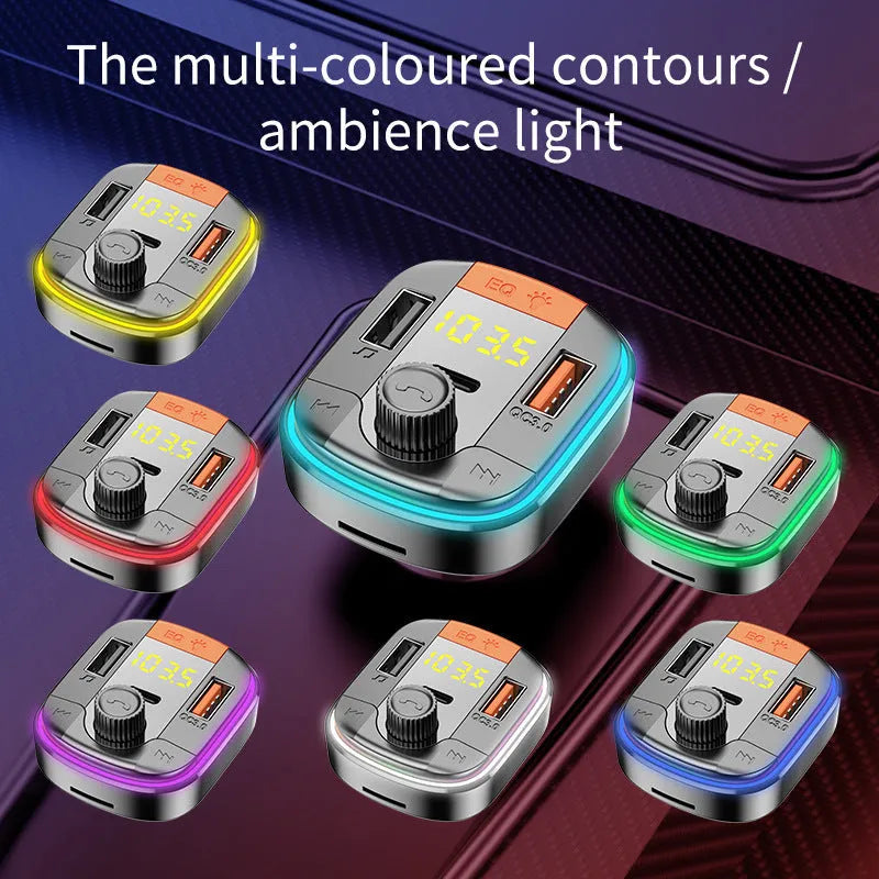 Black car Bluetooth MP3 player and fast charger with colourful LED light for cigarette lighter socket.