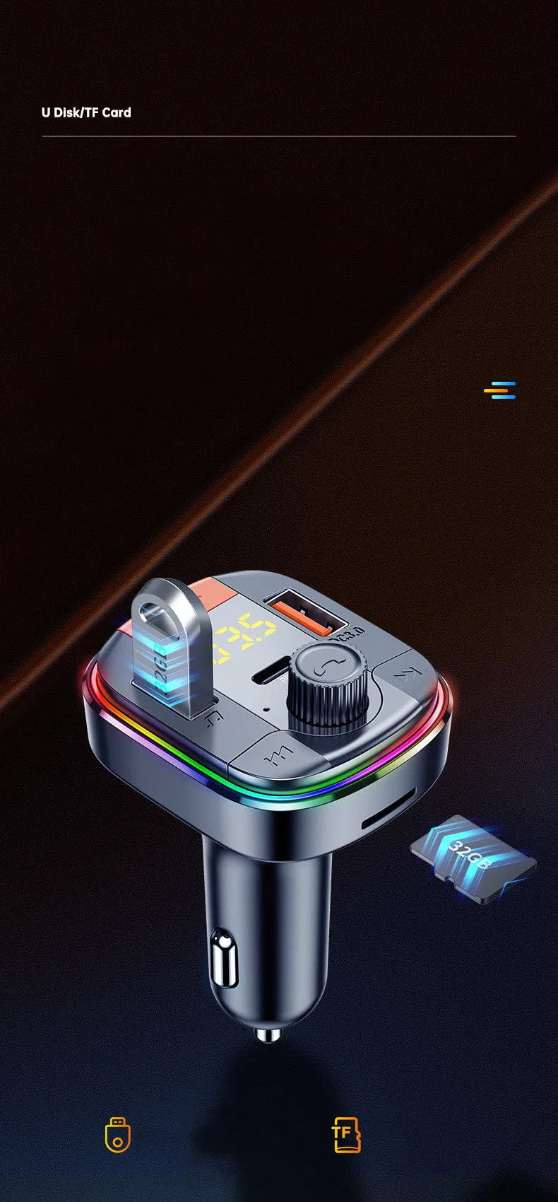 Black car Bluetooth MP3 player and fast charger with colourful LED light for cigarette lighter socket.