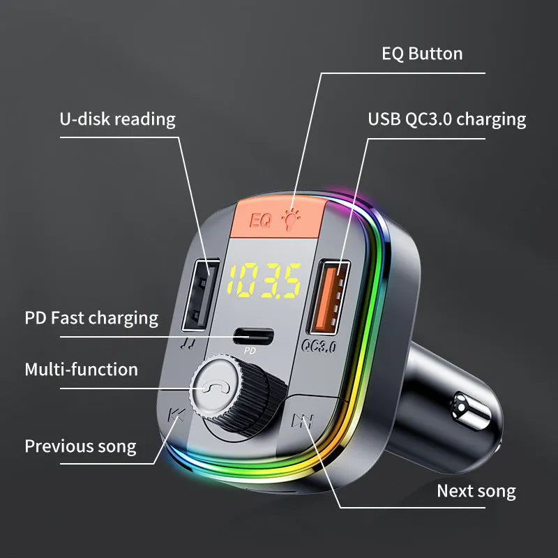 Black car Bluetooth MP3 player and fast charger with colourful LED light for cigarette lighter socket.
