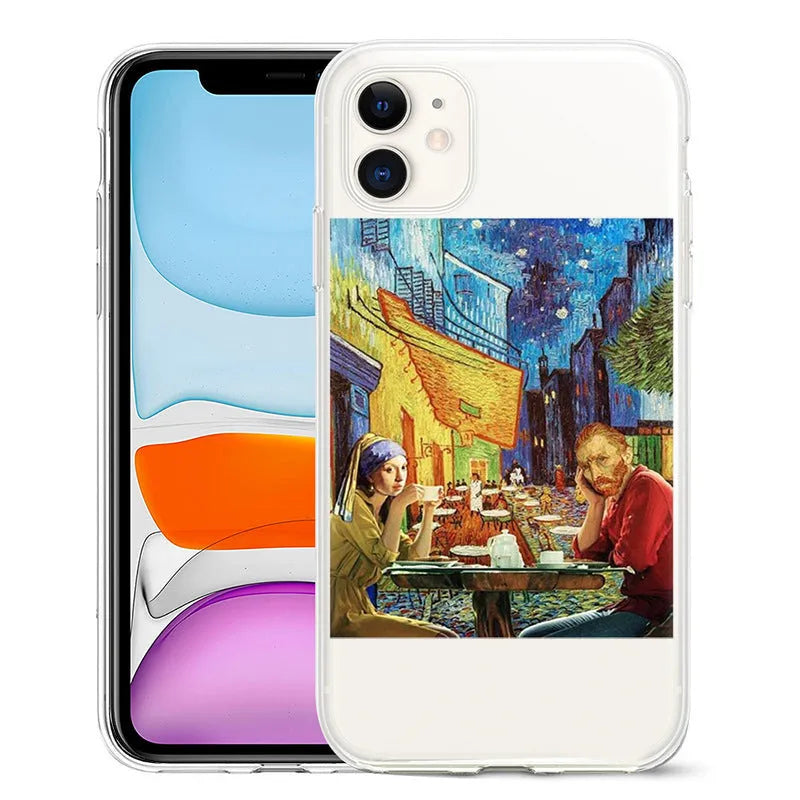 Van Gogh art style mobile phone case for iPhone on a plain background, showing starry night painting design.