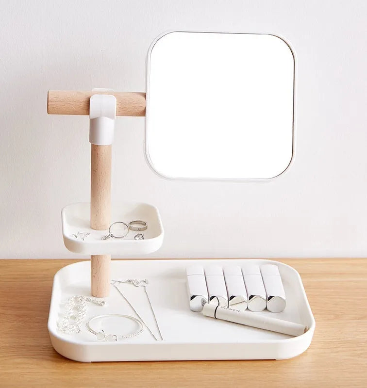 Beech wood desktop cosmetics storage box with mirror, 27x19x30cm, in grey finish, holding makeup brushes and lipsticks on a dressing table
