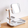 Beech wood desktop cosmetics storage box with mirror, 27x19x30cm, in grey finish, holding makeup brushes and lipsticks on a dressing table