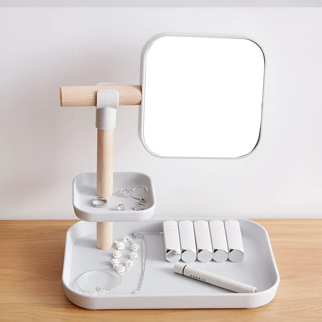 Beech wood desktop cosmetics storage box with mirror, 27x19x30cm, in grey finish, holding makeup brushes and lipsticks on a dressing table