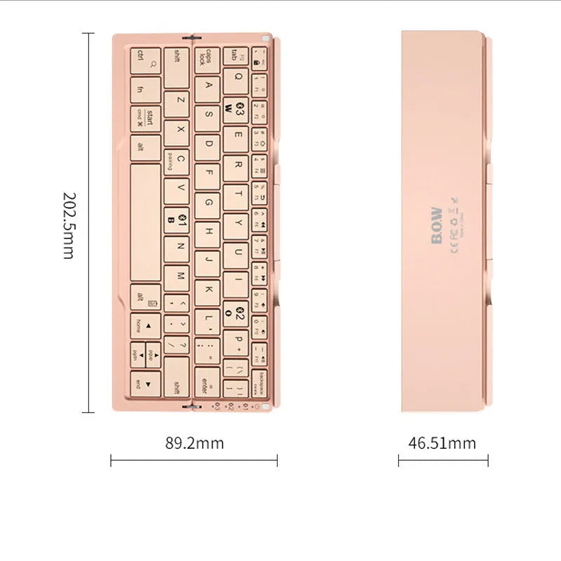 Silver white folding Bluetooth keyboard open with stand holding a smartphone, shown next to its closed compact size.