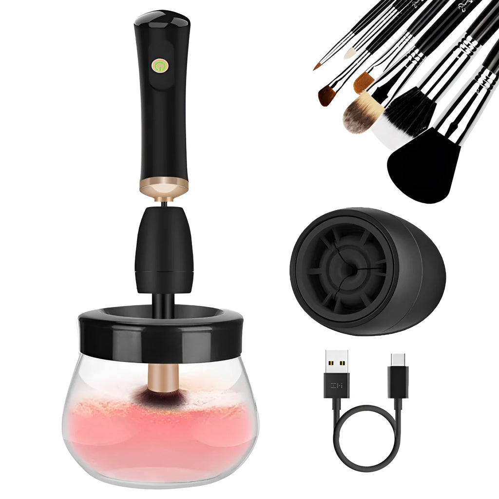 Black makeup brush cleaning machine with silicone head and portable plastic handle on white background