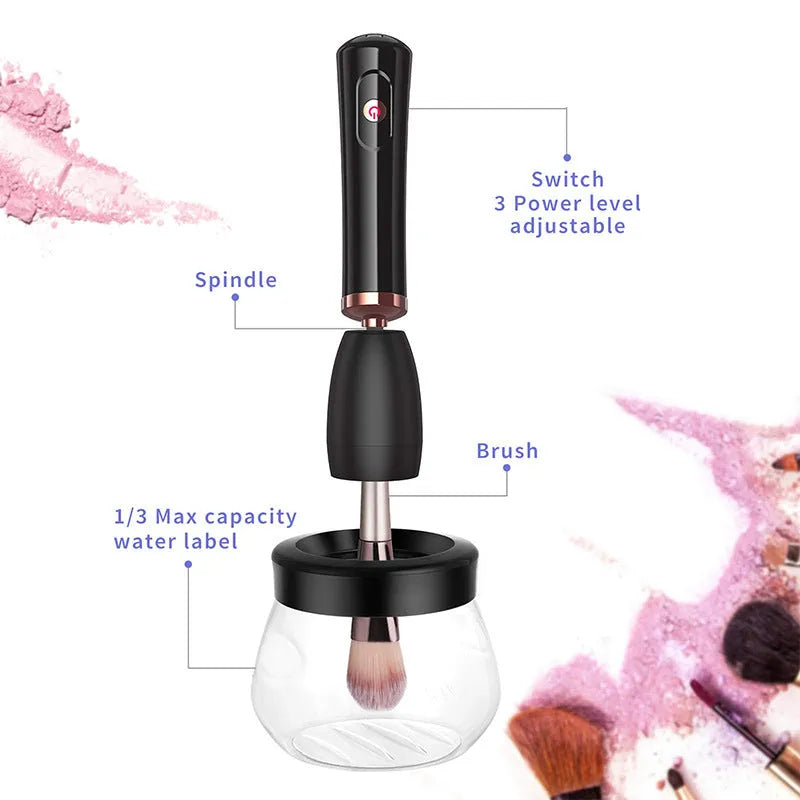 Black makeup brush cleaning machine with silicone head and portable plastic handle on white background