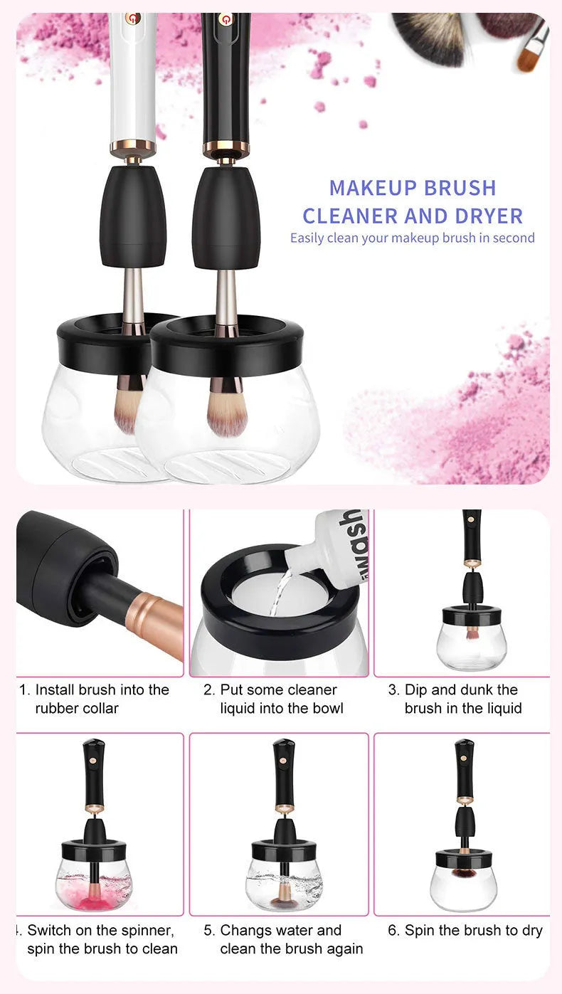 Black makeup brush cleaning machine with silicone head and portable plastic handle on white background