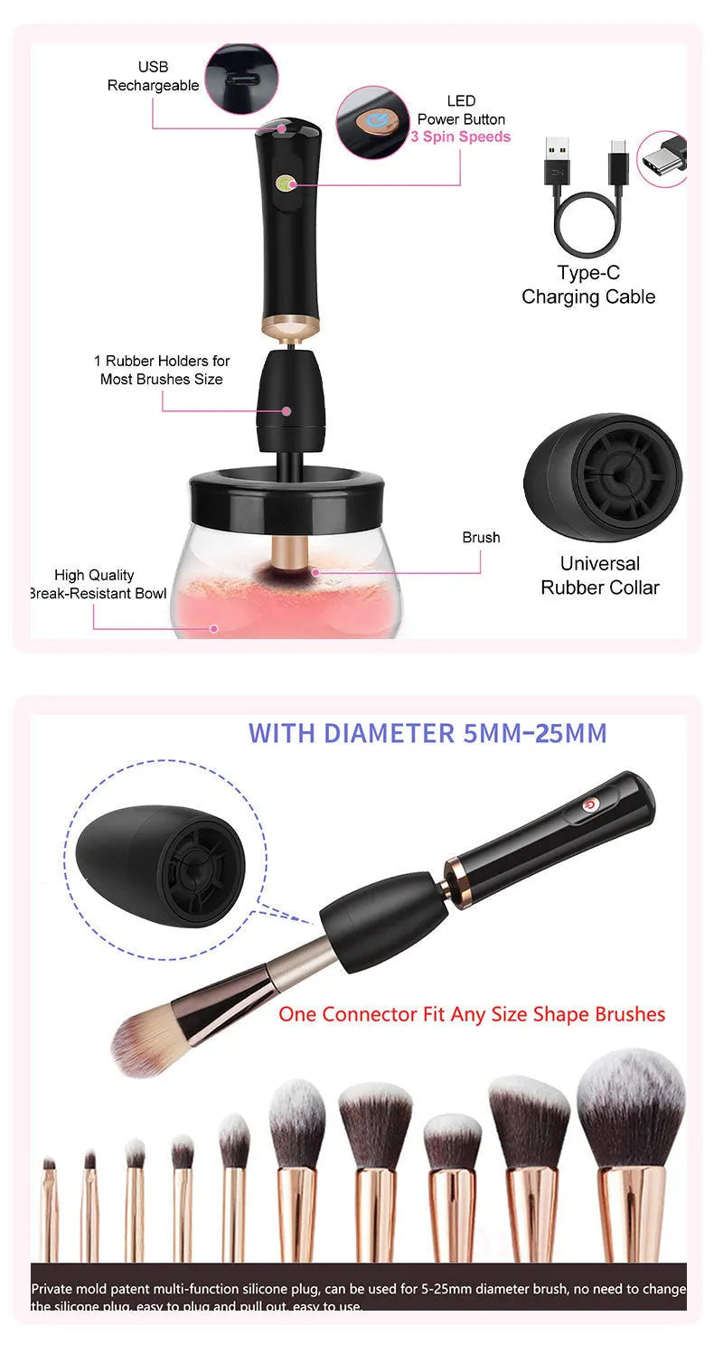 Black makeup brush cleaning machine with silicone head and portable plastic handle on white background