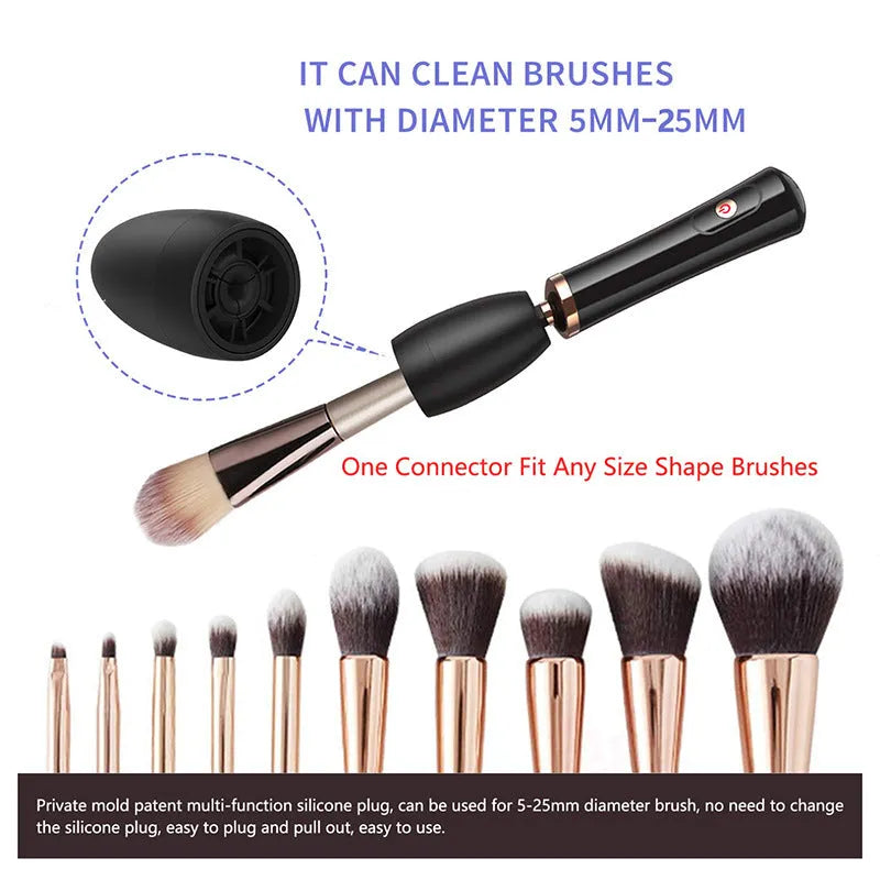 Black makeup brush cleaning machine with silicone head and portable plastic handle on white background