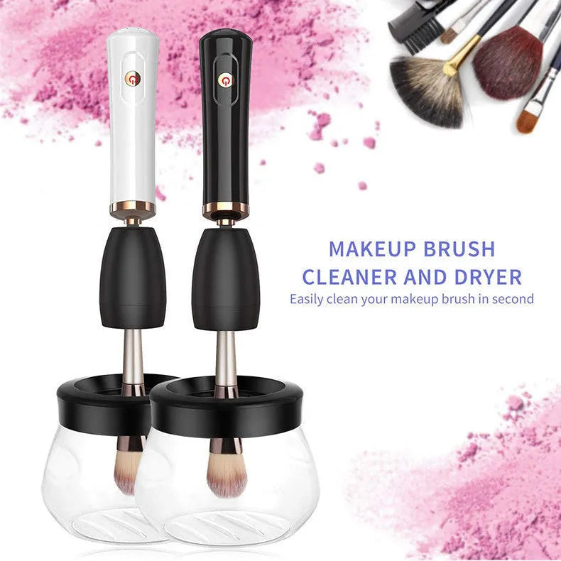 Black makeup brush cleaning machine with silicone head and portable plastic handle on white background
