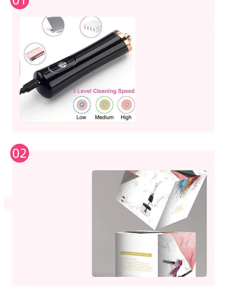 Black makeup brush cleaning machine with silicone head and portable plastic handle on white background