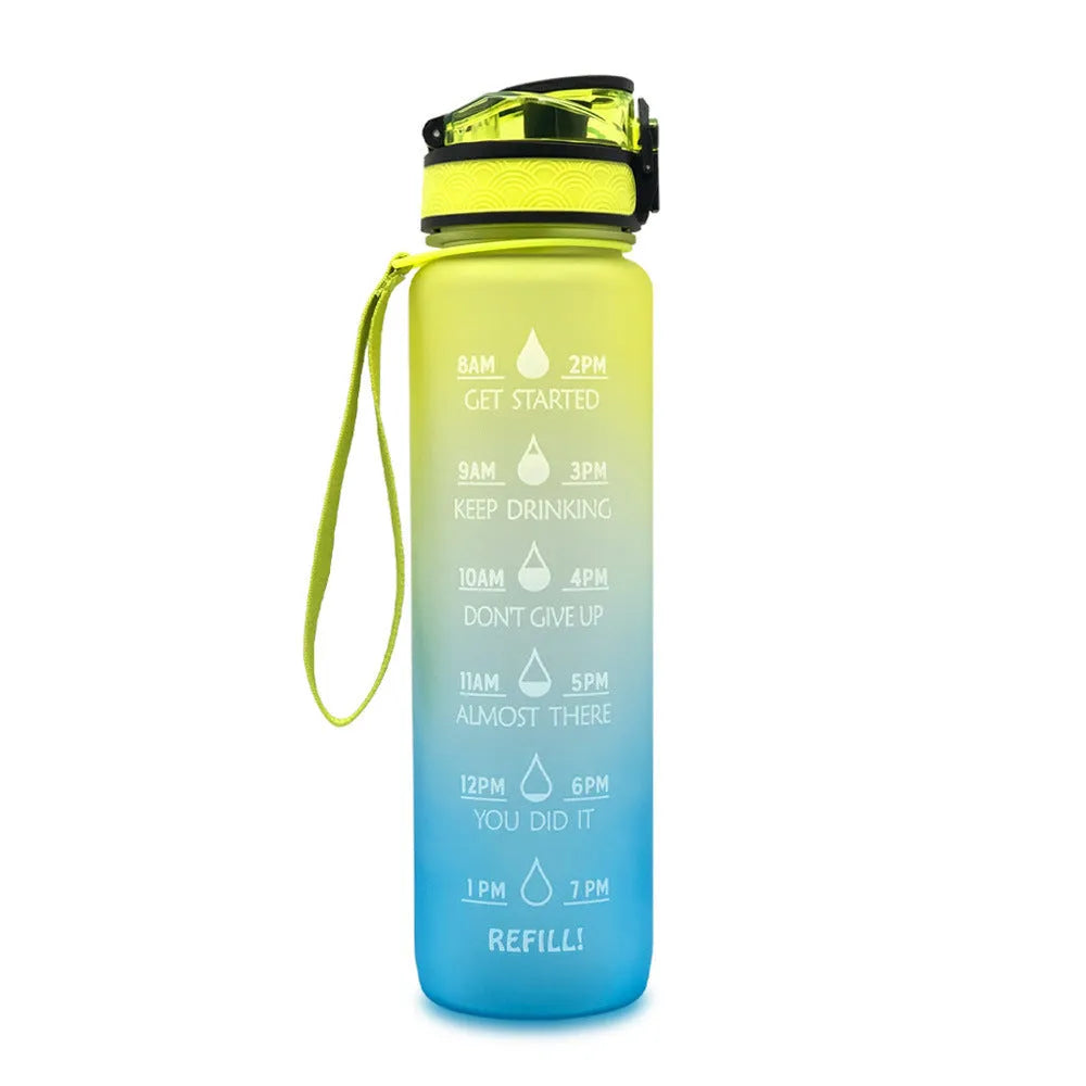 1 litre Tritan water bottle with time markers and gradient colour design