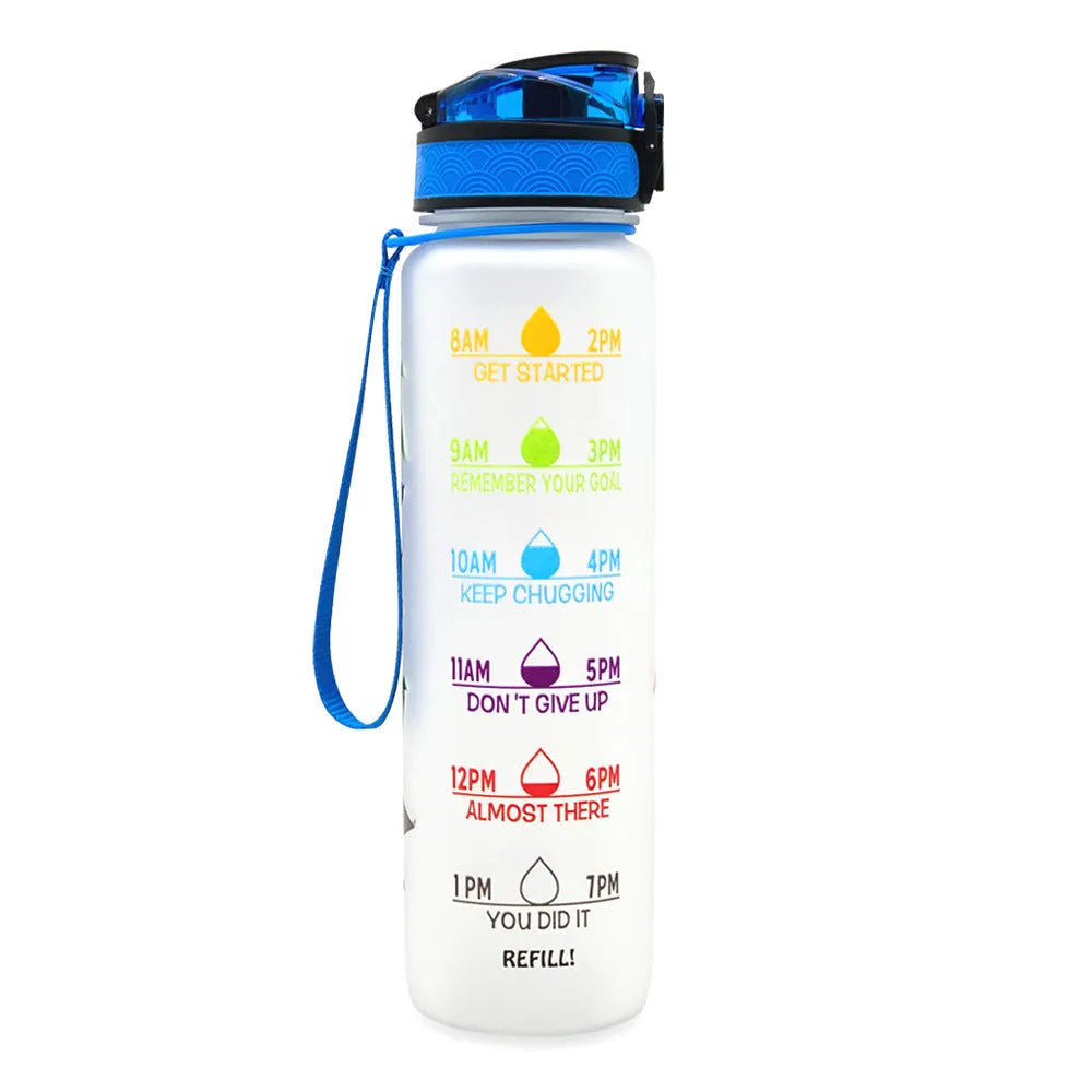 1 litre Tritan water bottle with time markers and gradient colour design