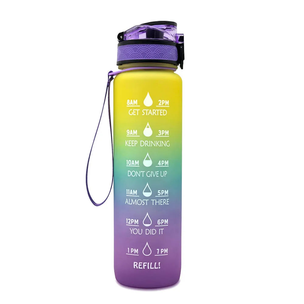 1 litre Tritan water bottle with time markers and gradient colour design