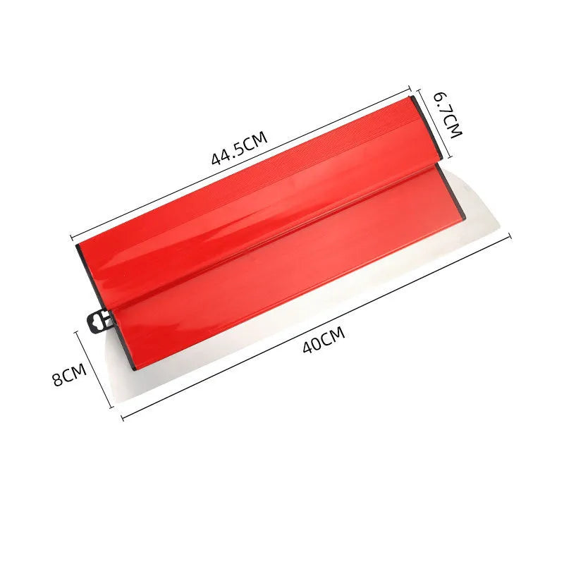 Red leveling scraper tool with a 40cm long blade for wall preparation.