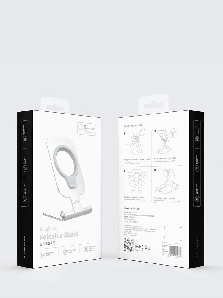 NILLKIN foldable aluminium magnetic wireless charging stand in silver for iPhone 12 Mini and Pro Max