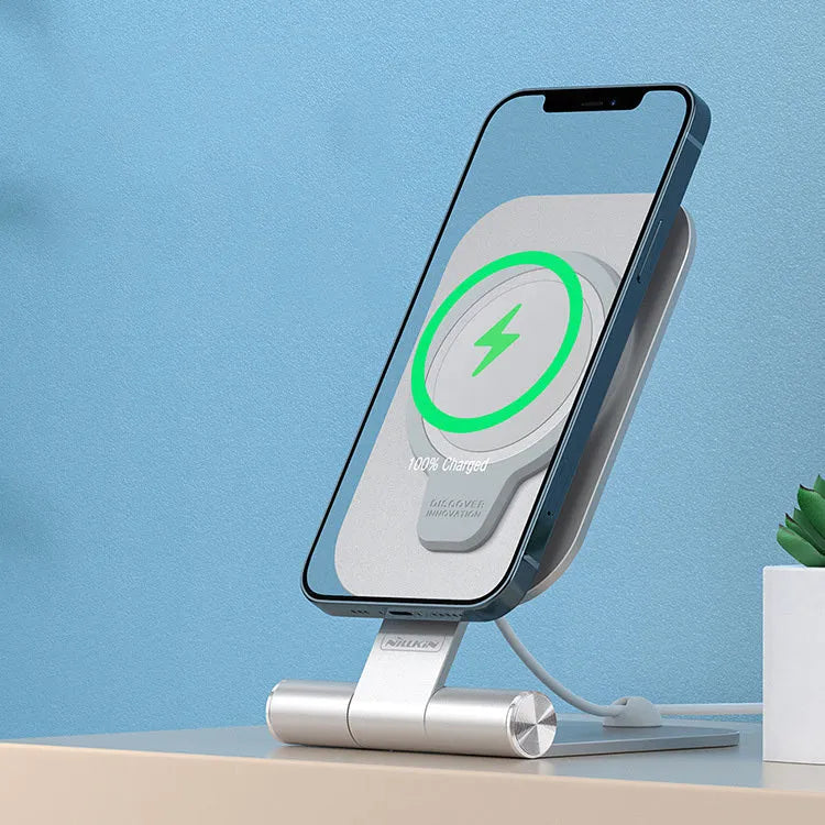 NILLKIN foldable aluminium magnetic wireless charging stand in silver for iPhone 12 Mini and Pro Max