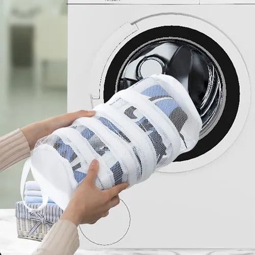 Blue round double-layer mesh shoe washing bag with hidden zipper on a white background