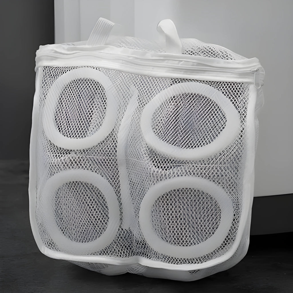 Blue round double-layer mesh shoe washing bag with hidden zipper on a white background