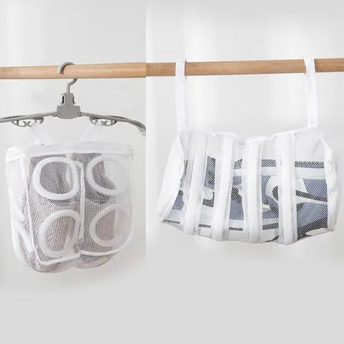 Blue round double-layer mesh shoe washing bag with hidden zipper on a white background