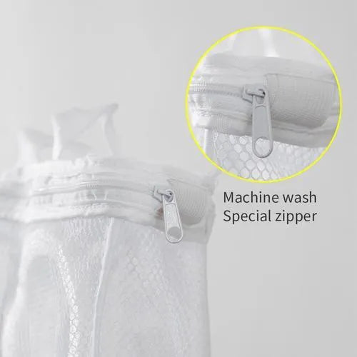 Blue round double-layer mesh shoe washing bag with hidden zipper on a white background