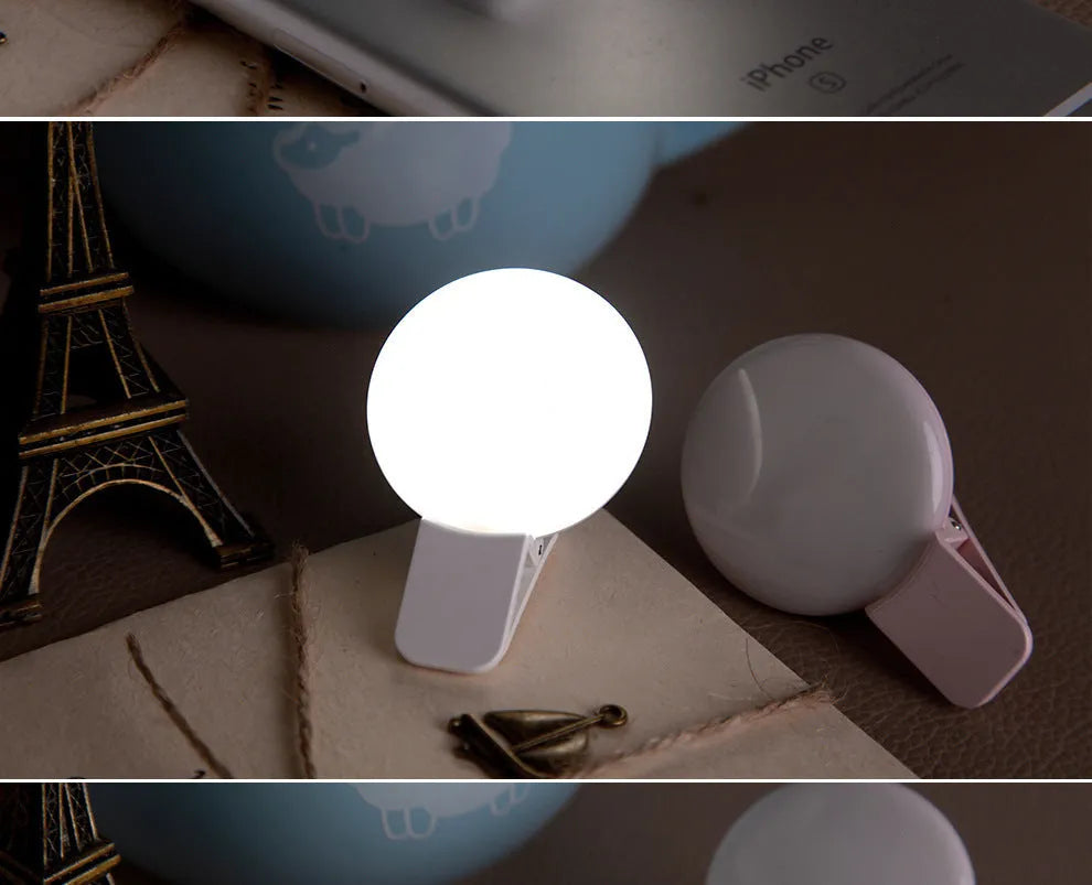 Mobile phone selfie fill light with continuous LED illumination and adjustable brightness settings