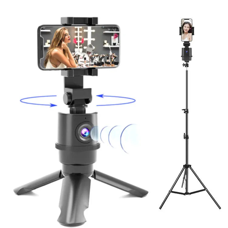 360 degree AI tracking pan tilt smartphone bracket on a table, showing phone holder and rotation base.