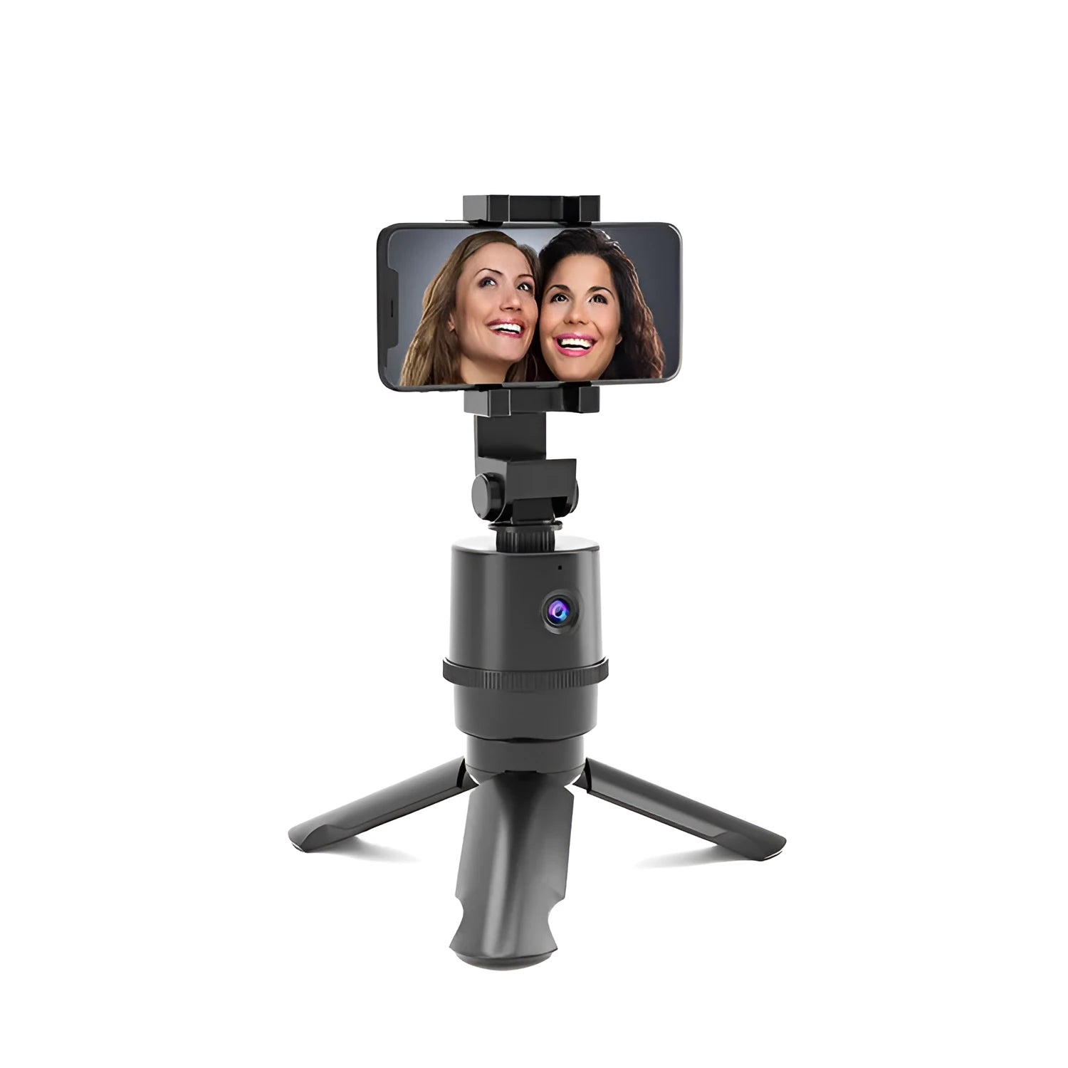 360 degree AI tracking pan tilt smartphone bracket on a table, showing phone holder and rotation base.
