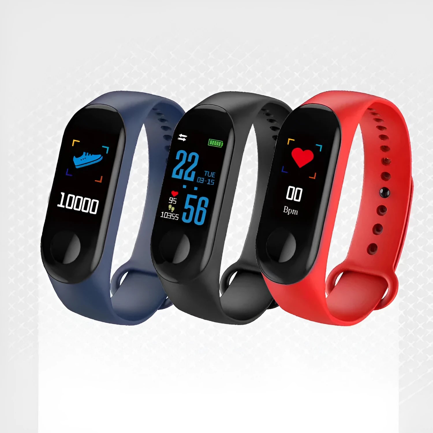 M3 smart bracelet with colour screen shown in black, red, and blue colours on a wrist.