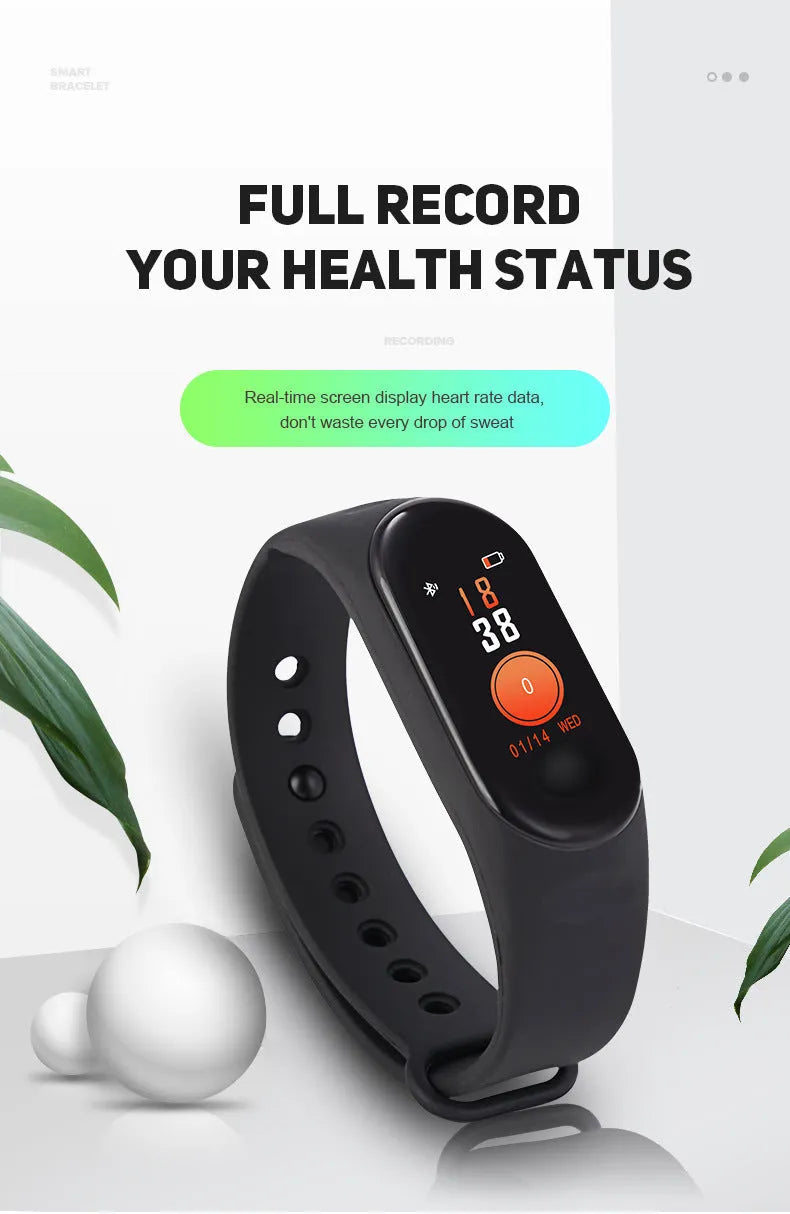 M3 smart bracelet with colour screen shown in black, red, and blue colours on a wrist.