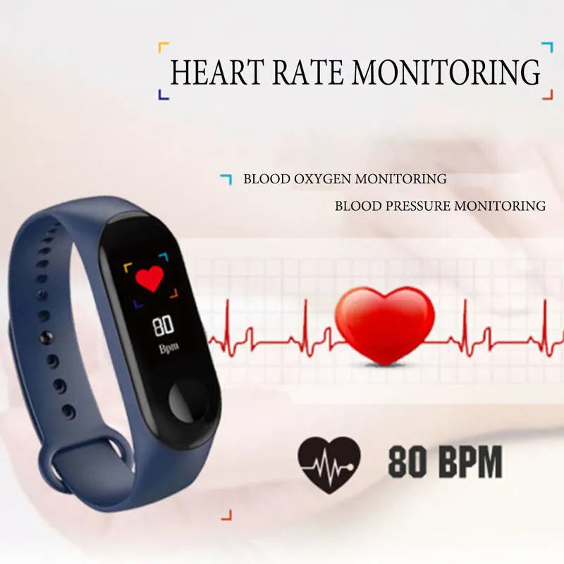 M3 smart bracelet with colour screen shown in black, red, and blue colours on a wrist.